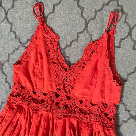 Free People Boho Sweet! Deep-V Crochet Lace Detail Raw Hem Mini Dress - Picture 11 of 14